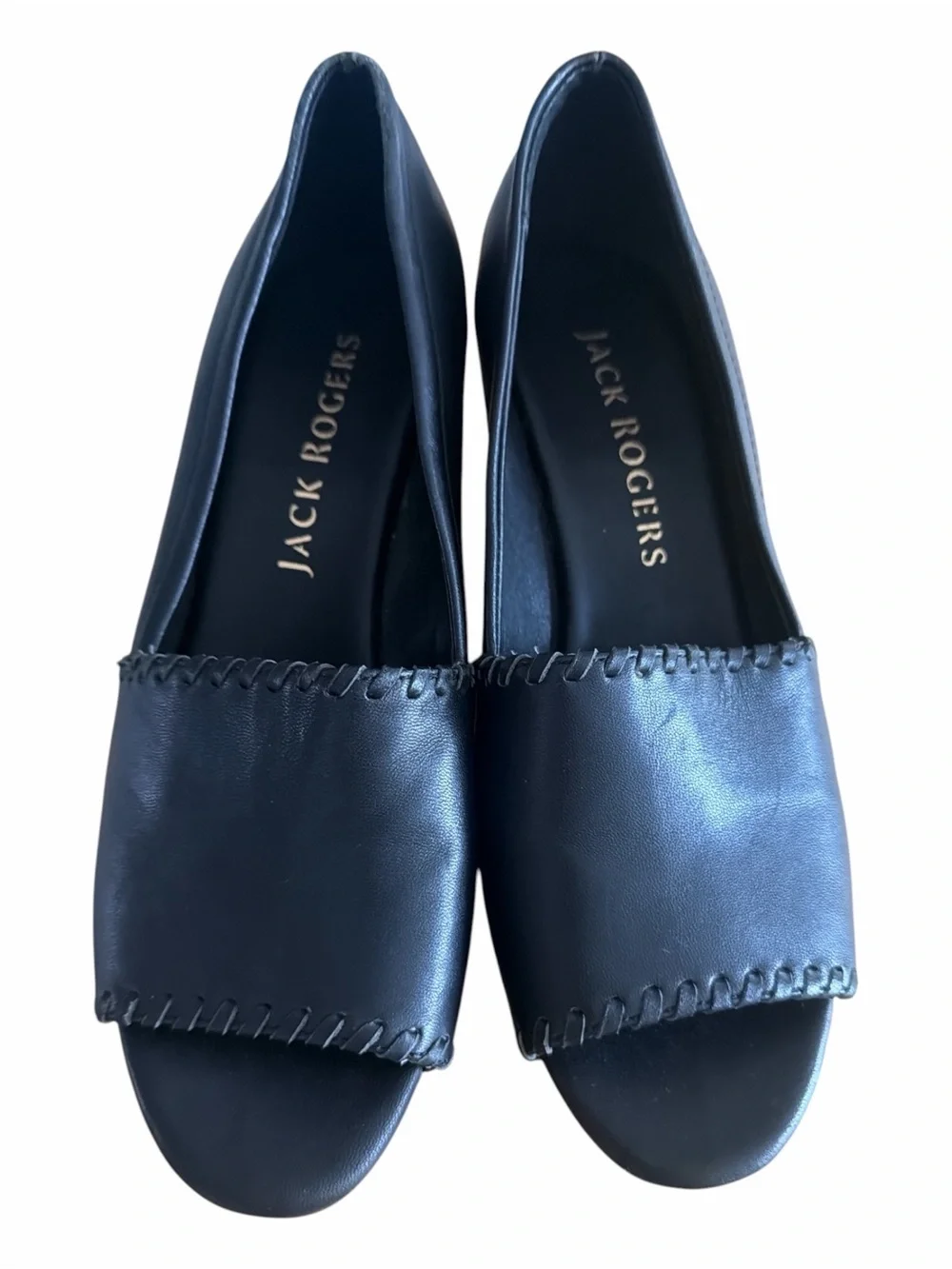 Jack Rogers Black Leather Peep-Toe Wedge Sandals